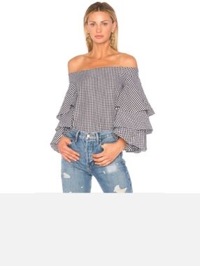 Revolve X Endless Rose Black & White Gingham Off-Shoulder Ruffle Top NWT
